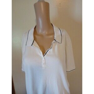 Jones New York Signature Women 2x White Polo/ Navy Trim Short Sleeve Cotton Top